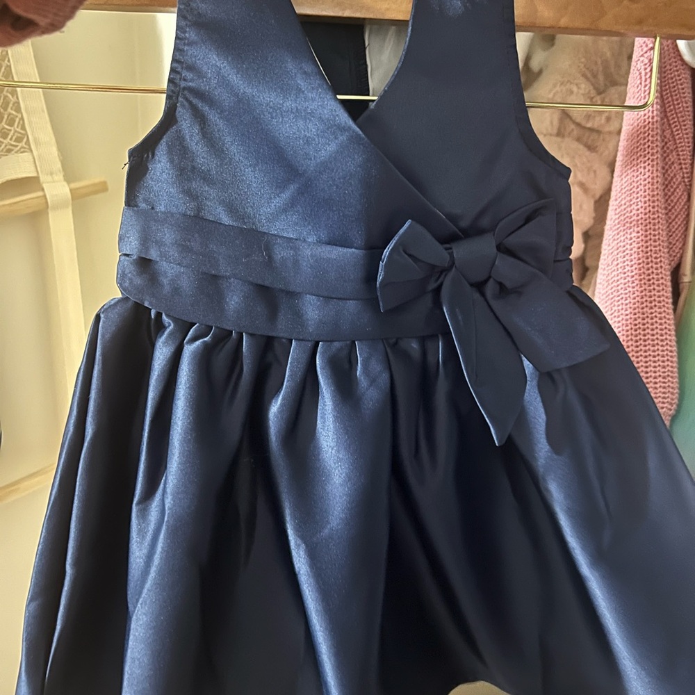 Girls Navy Bow-Accent Satin Dress